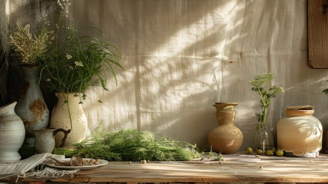 Menu backdrop featuring pottery dill and burlap