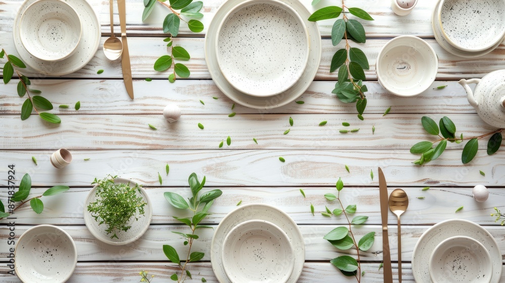 Poster Handmade ceramic dinnerware on white wooden background decorated with greenery top view