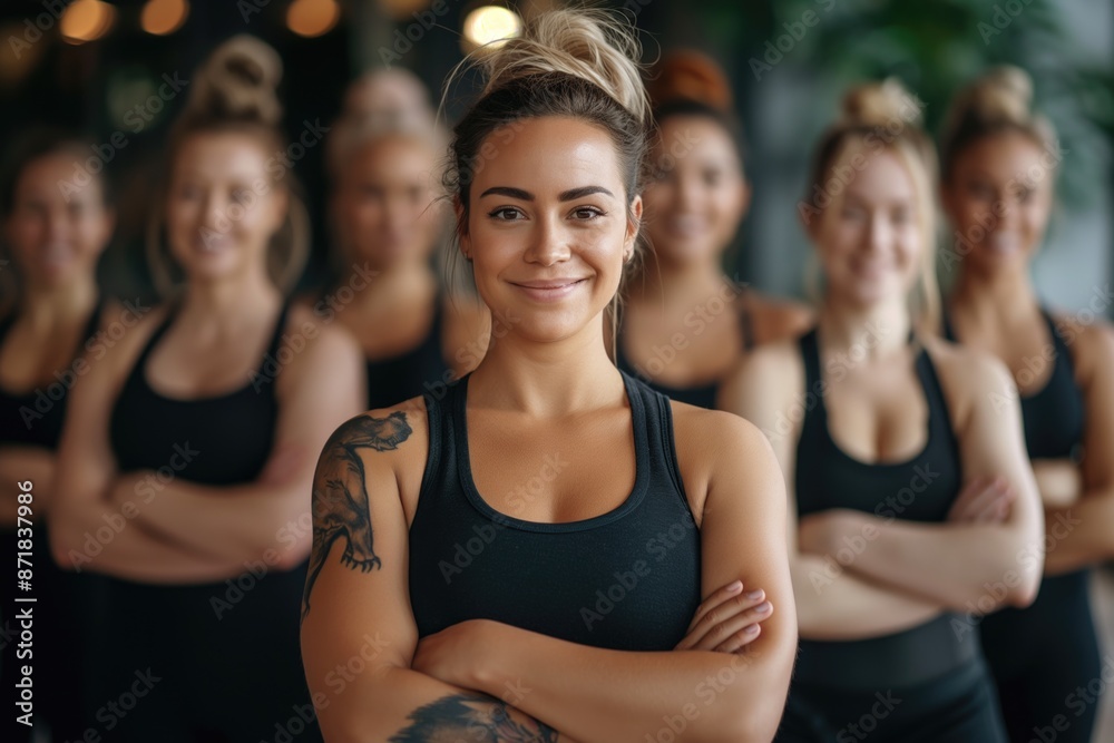 Wall mural Confident woman in fitness attire standing with arms crossed, group of women in the background. Health, fitness, female empowerment, team motivation, group exercise, women's fitness classes.