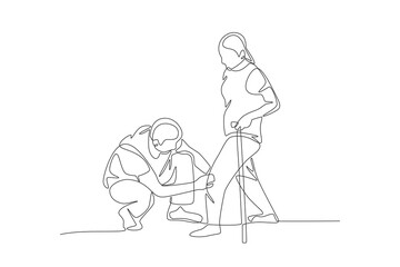 Doctor examining a wound on a patient's leg. Care jobs concept one-line drawing