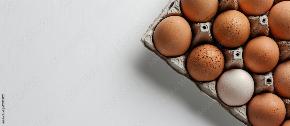 Poster eggs, fresh and appetizing, arranged in egg cartons on a white background with copy space image.