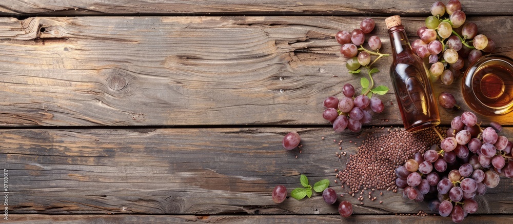 Poster A rustic background with grape seed oil, grist, and bunches displayed on weathered wood with copy space image.
