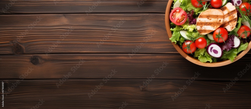 Poster Chicken salad with vegetables and tomatoes on a wooden surface with blank space for text, often referred to as a copy space image.