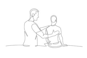 Doctor examining patient's back. Care jobs concept one-line drawing