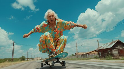 Elderly woman in colorful outfit skateboarding on a rural road under a bright blue sky. Active lifestyle, aging gracefully, outdoor activities, freedom, adventure concept.