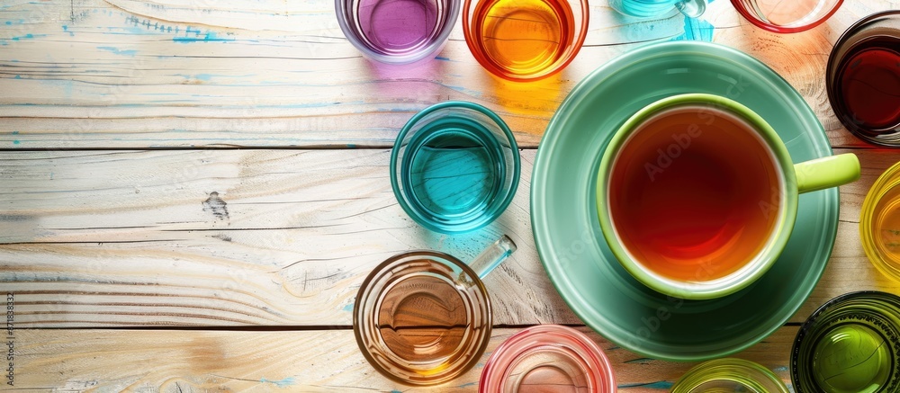 Poster white wooden background with a green cup of tea and various colorful glasses, allowing for text plac