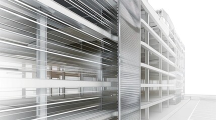 detailed illustration of a multi-story parking garage, its exterior clad in a patterned aluminum siding to improve ventilation and aesthetics