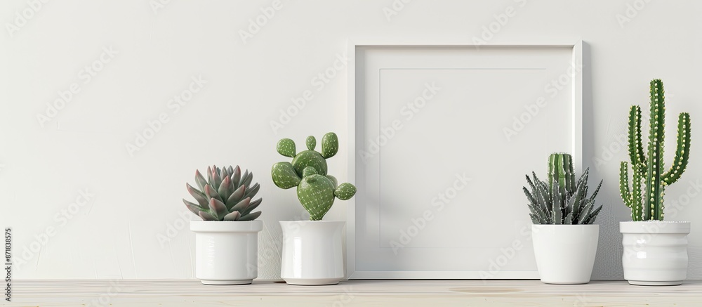 Poster A simple white frame with ceramic cactus plants on a shelf or desk against a white backdrop provides a visual story in a copy space image.