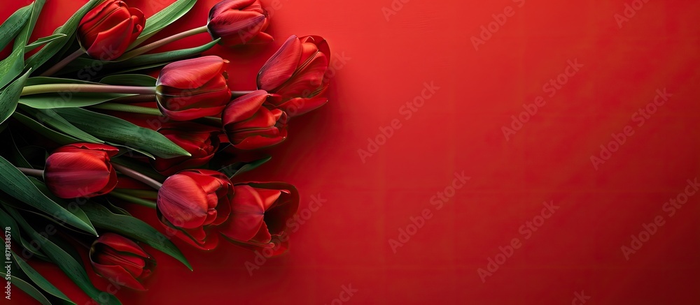 Poster Red tulip floral frame on a vivid red backdrop with copy space image.