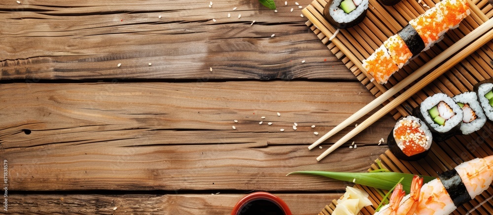 Leinwandbilder Wooden table setting with appetizing sushi rolls arranged as a flat lay composition, ideal for adding text in the copy space image.