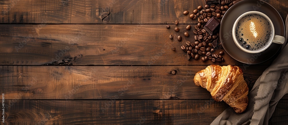 Poster wooden background with a take-away coffee and a fresh croissant topped with chocolate drops, allowin