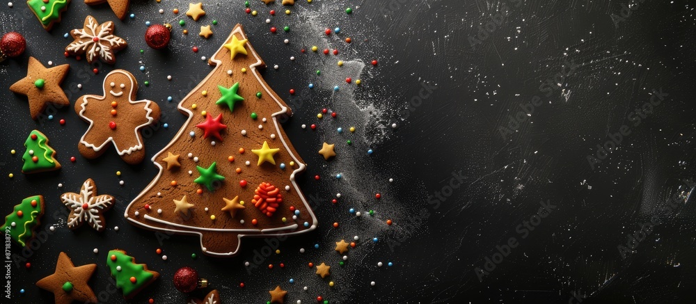Aufkleber gingerbread cookie christmas tree on a black backdrop with stars, surrounded by assorted holiday tre