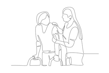 The nurse who accompanies the patient practices walking. Care jobs concept one-line drawing