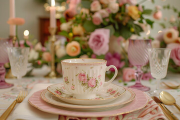 Fototapeta premium Elegant Floral Baby Shower Dinner Table Setting with Vintage China