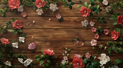 Blooming blooms on wooden backdrop