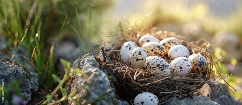 Poster Quail eggs displayed in a natural setting with copy space image.