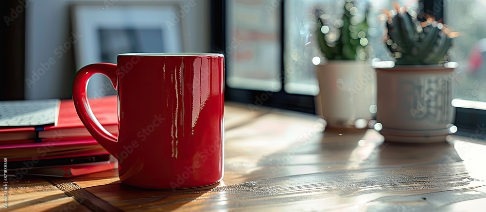 Poster Large red mug and book on a desk with copy space image.
