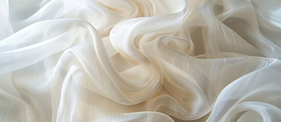 Fototapeta premium Silk organza with a delicate open weave and wavy piping creates a border, offering an abstract texture pattern background for wave-like designs with a copy space image.