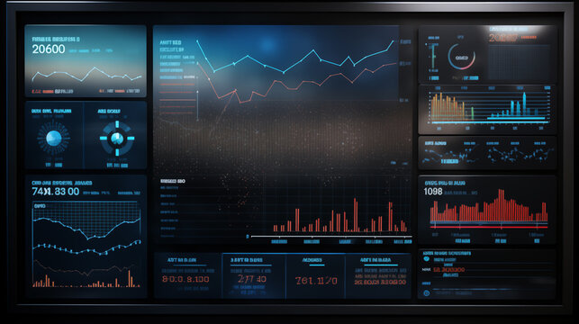 Complex data analytics dashboard background image. Graphs and metrics in dark interface desktop wallpaper picture. Monitoring photo backdrop. Business intelligence concept composition