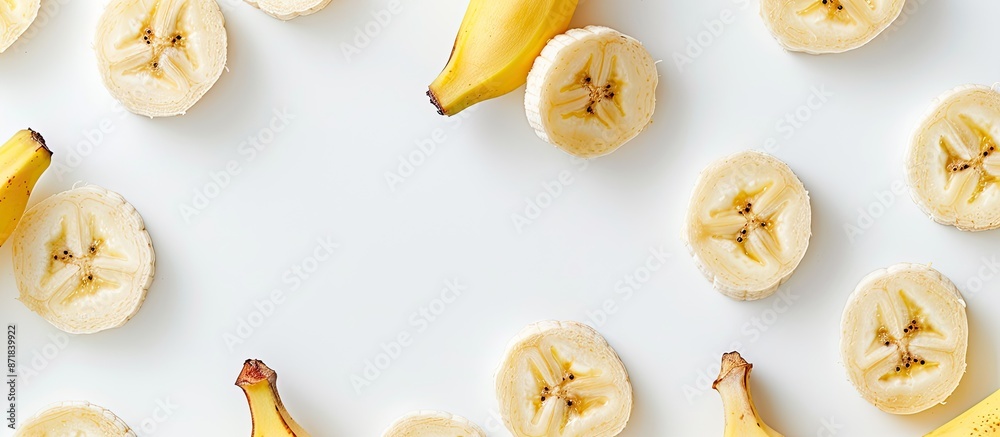 Poster Banana slices on a white background with copy space image.