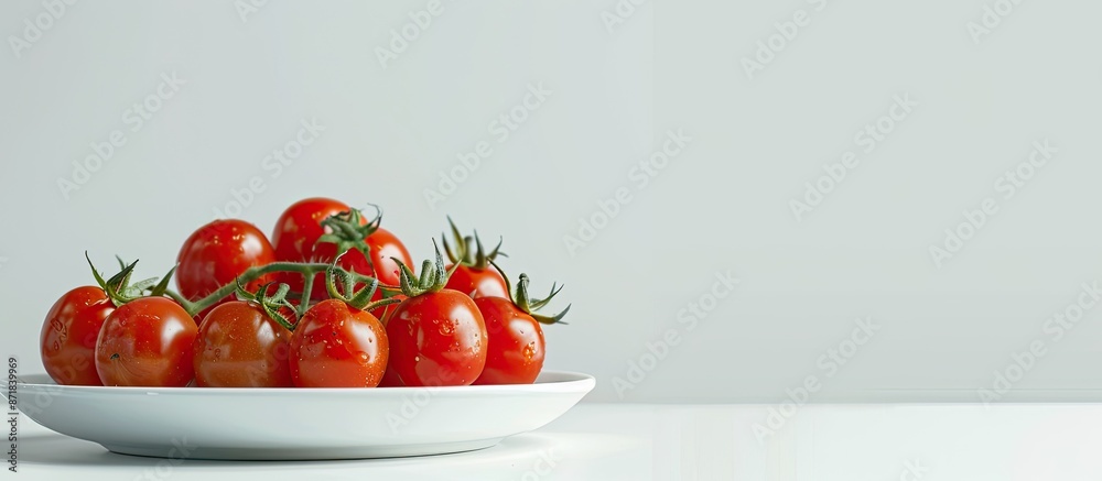 Poster cherry tomatoes beautifully arranged on a plate against a white table with ample copy space image.