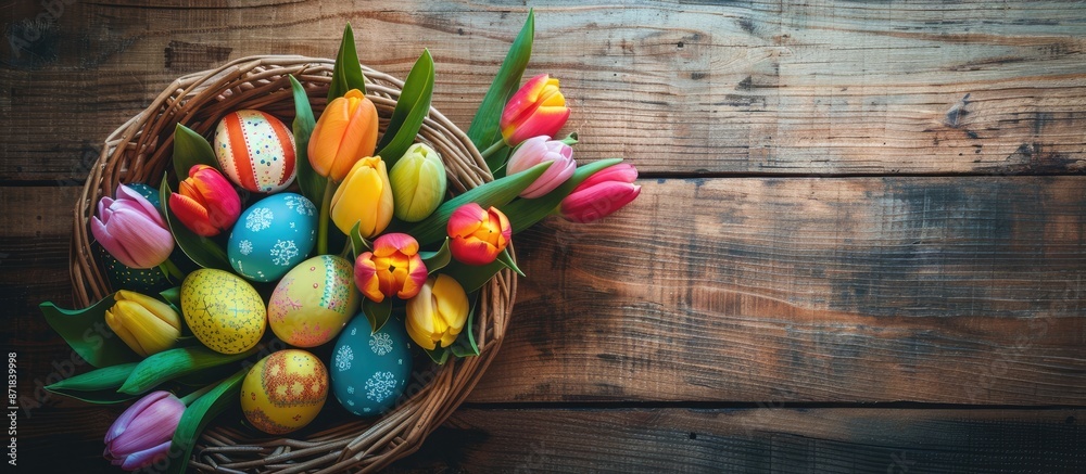 Poster colorful easter eggs and a tulip bouquet in an easter basket on a textured wooden table, representin