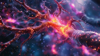A close-up 3D visualization of a neuron, depicting its dendrites, axon, and synaptic terminals. The image captures the essence of biomedicine and its role in unraveling the mysteries of the nervous