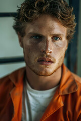Young Man Prison portrait with Intense Expression in Orange Jumpsuit
