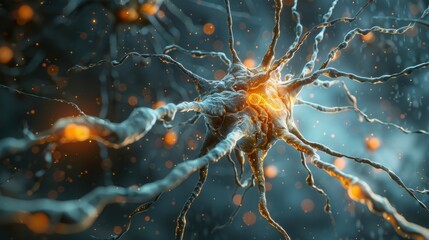 A high-resolution 3D illustration of a neuron, showcasing its detailed structure and the biomedicine concept. The nerve cell's intricate network of dendrites and synapses is depicted with precision,