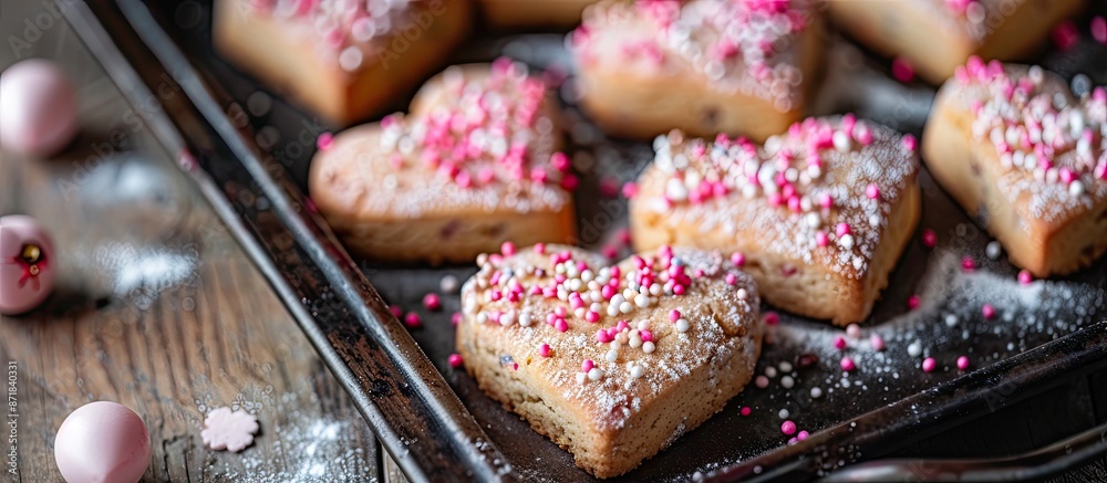 Poster Create heart-shaped Valentine's Day cookies with a step-by-step recipe, using a mold for shaping and sprinkles for decoration in a copy space image.