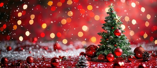 Christmas card featuring fir tree and decorations on a sparkling backdrop with ample copy space image.