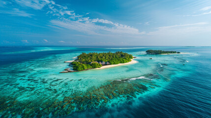 A small tropical island in the Indian Ocean with a beautiful blue lagoon is a popular honeymoon destination.