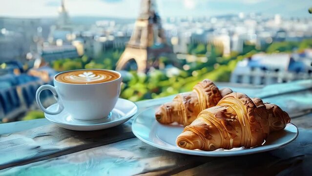 Breakfast with coffee and croissants on the balcony overlooking the Eiffel Tower