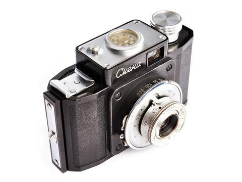 Moscow , RUSSIA - MAY 14, 2020: Smena russian soviet scale rangefinder camera isolated white