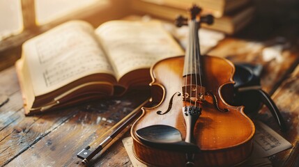 Fototapeta premium violin and old music books on wooden table, vintage toned photo.