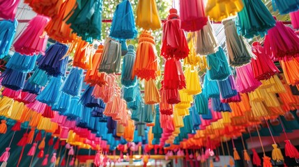 Fototapeta premium Beautiful decoration with colorful tassel fabric on ceiling