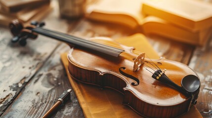 Fototapeta premium violin and old music books on wooden table, vintage toned photo.