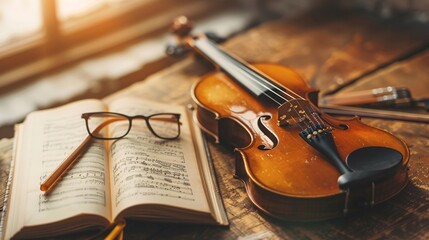 Fototapeta premium violin and old music books on wooden table, vintage toned photo.