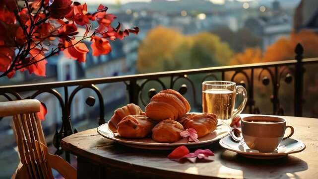 Breakfast with coffee and croissants on the balcony overlooking the autumn city