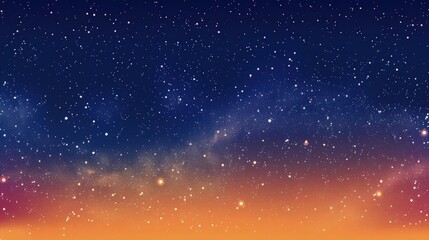 A cosmic background with a gradient from dark midnight blue to violet, speckled with stars, against a warm orange background. Evokes the beauty and mystery of the night sky.