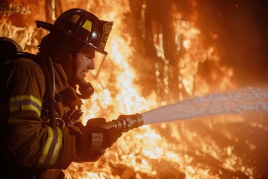 A firefighter in full gear battles a blaze with a hose, flames engulfing the background.