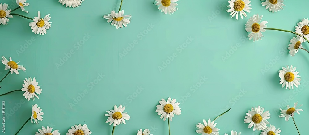 Poster Chamomile pattern on soft green backdrop with copy space image, conveying a spring or summer theme in a flat lay style.