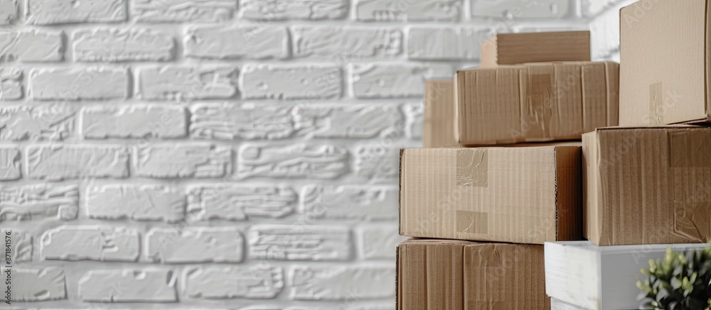 Poster close-up photo of cardboard boxes displayed against a white brick wall with ample copy space image.