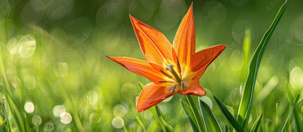 Poster close-up of an orange tulip flower in a star shape, set against a blurred green grass backdrop, crea