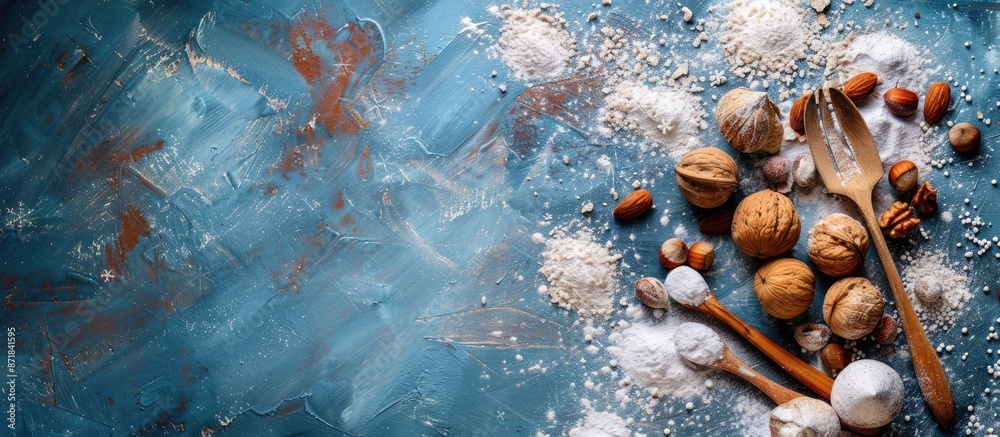 Aufkleber blue background with powdered sugar-dusted nuts and ceramic utensils displayed at the center, perfec