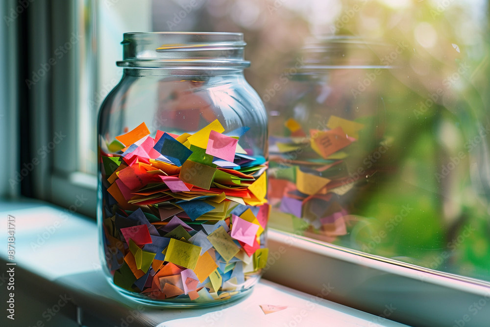 Wall mural a glass jar filled with colorful slips of paper, each containing a cherished memory or message from 