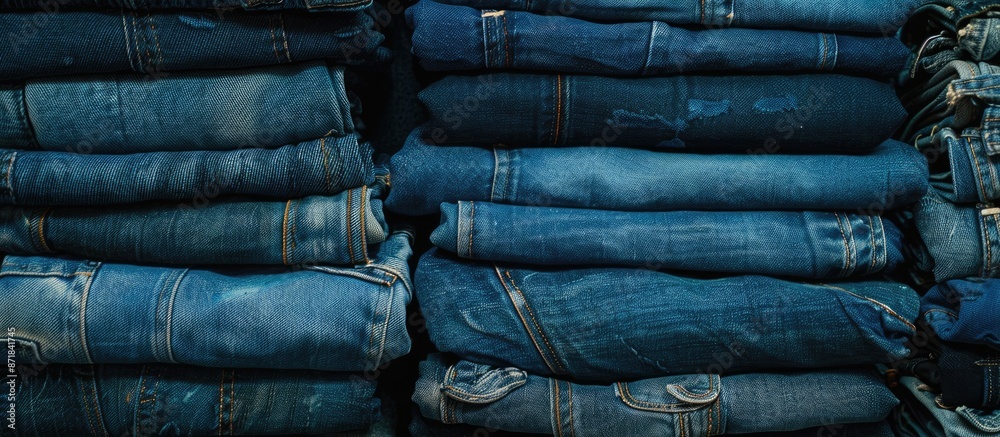 Poster Denim jeans stacked neatly in a display with copy space image.