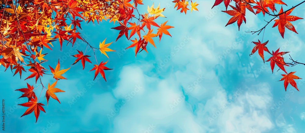 Poster copy space image featuring maple leaves in shades of red and yellow contrasted against a blue sky wi