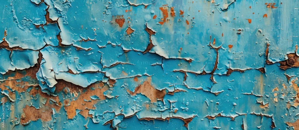 Poster abstract background featuring the texture of an old rusty metal sheet with peeling blue paint, provi