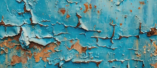 Obraz premium Abstract background featuring the texture of an old rusty metal sheet with peeling blue paint, providing copy space image.